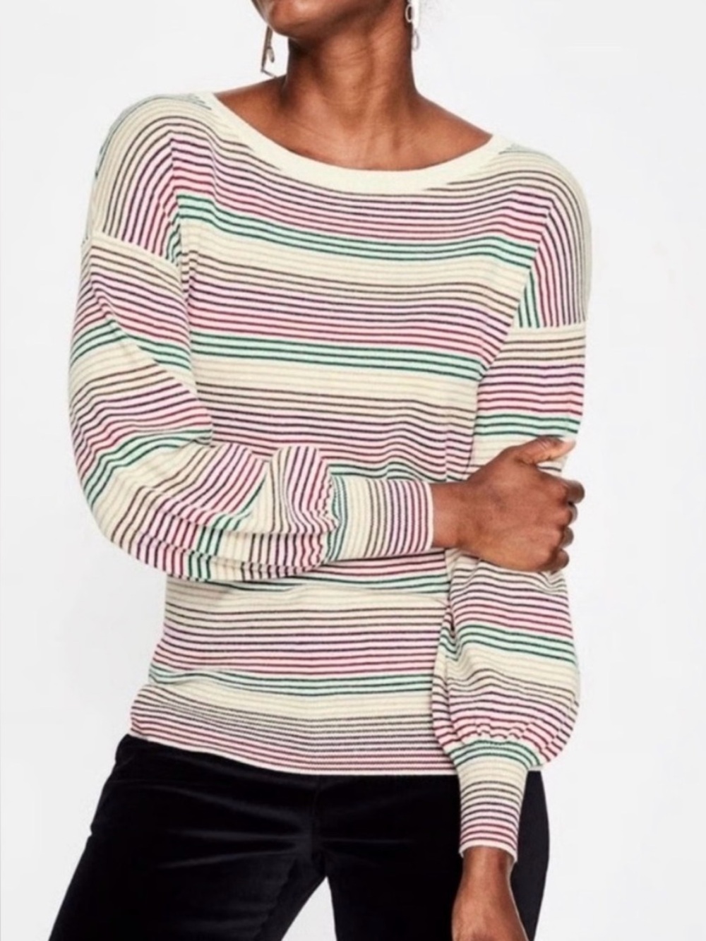 Boden Muriel Rainbow Metallic Stripe Knit Sweater Balloon Sleeve Gold Sparkle